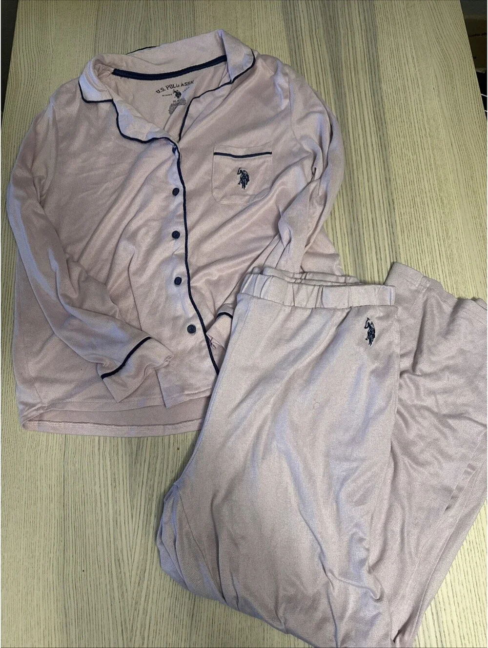 US Polo Assn Women’s Pajama Set Pink Navy Blue Piping Button Up Long Sleeve XL